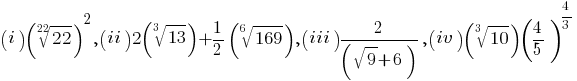 (i) (root{22}{22})^2, (ii) 2 (root{3}{13}) + {1/2} (root{6}{169}), (iii) 2/ (sqrt 9 + 6), (iv) (root{3}{10}) (4/5)^{4/3}